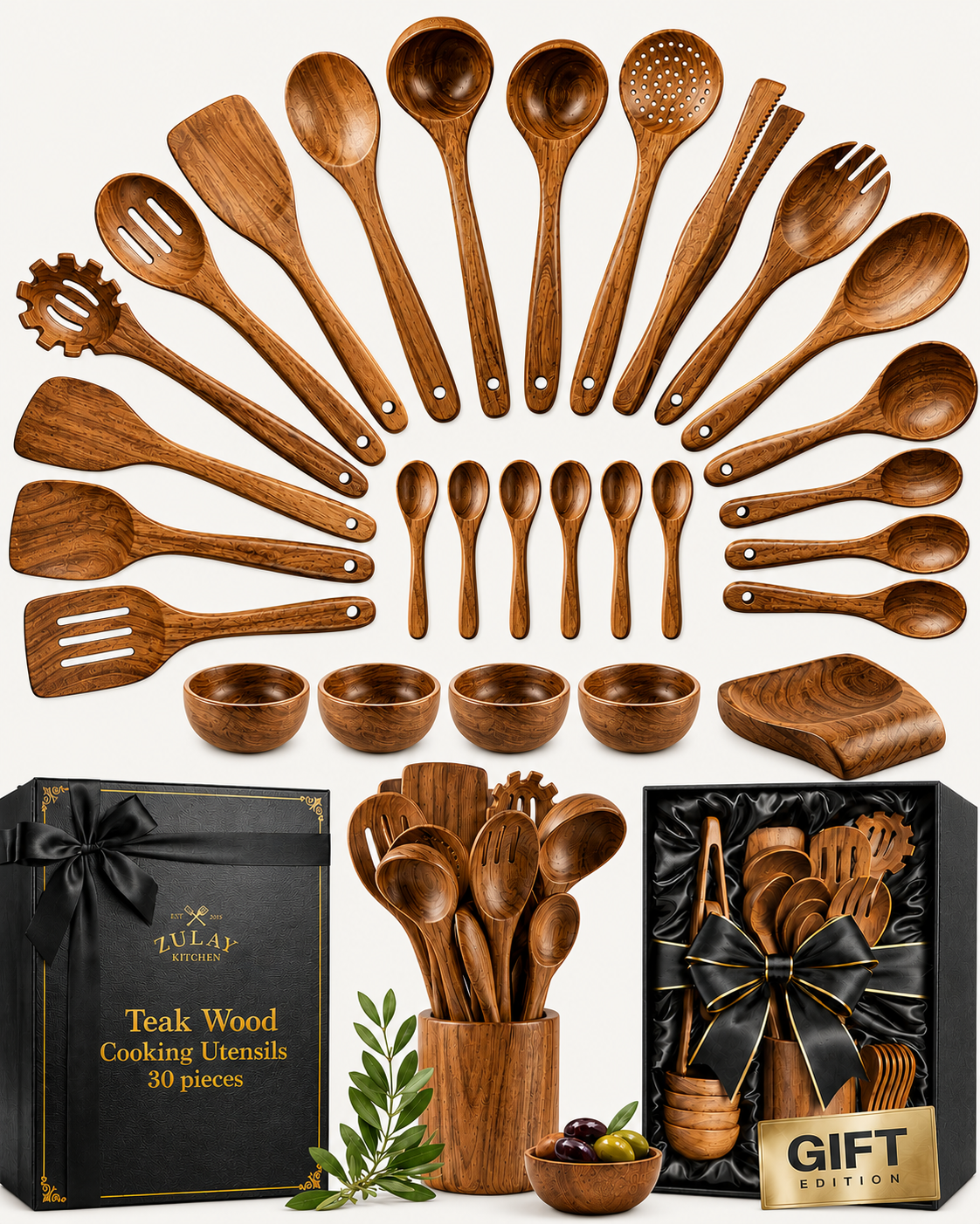 Set utensilios madera teca 30 piezas