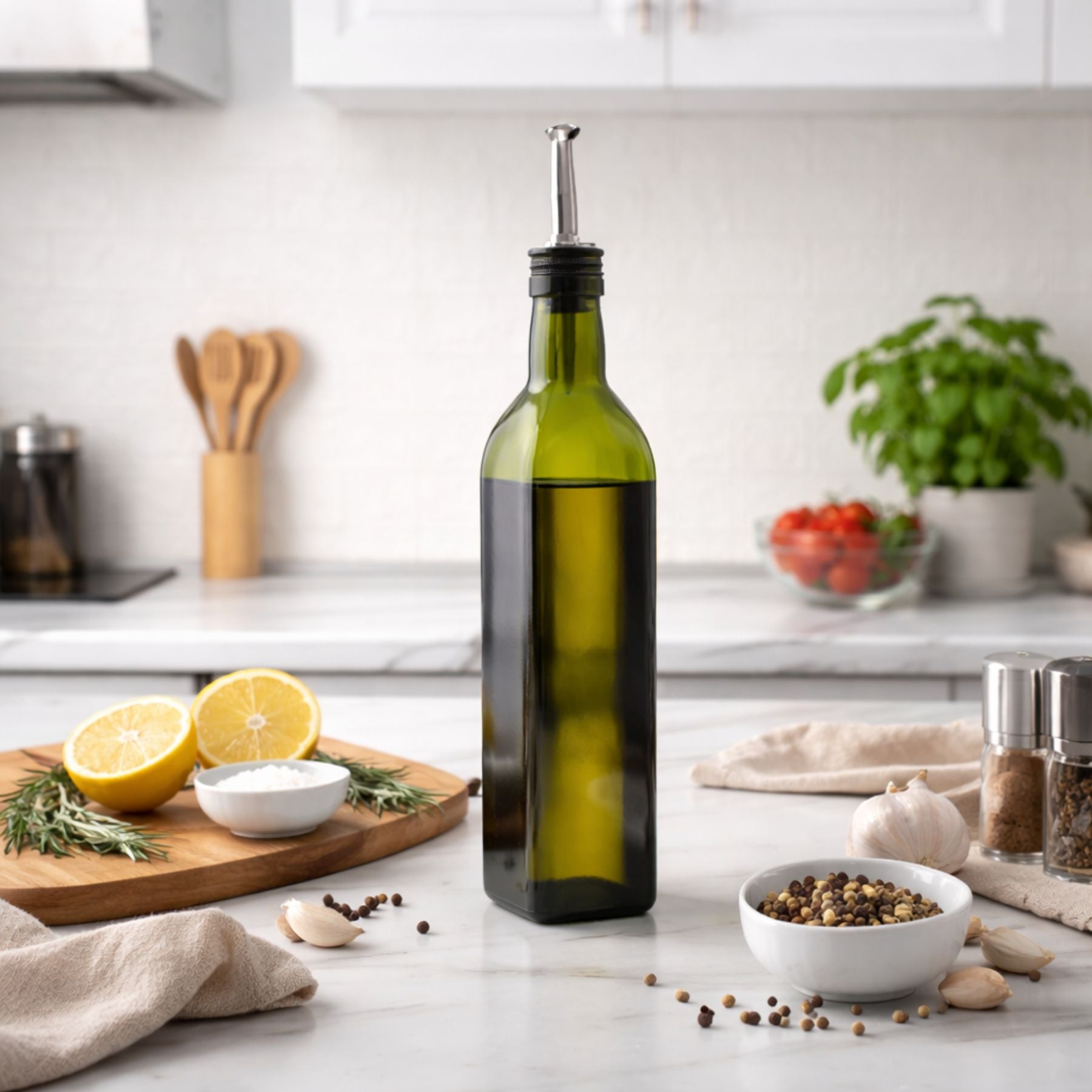 Dispensador aceite oliva en cocina moderna