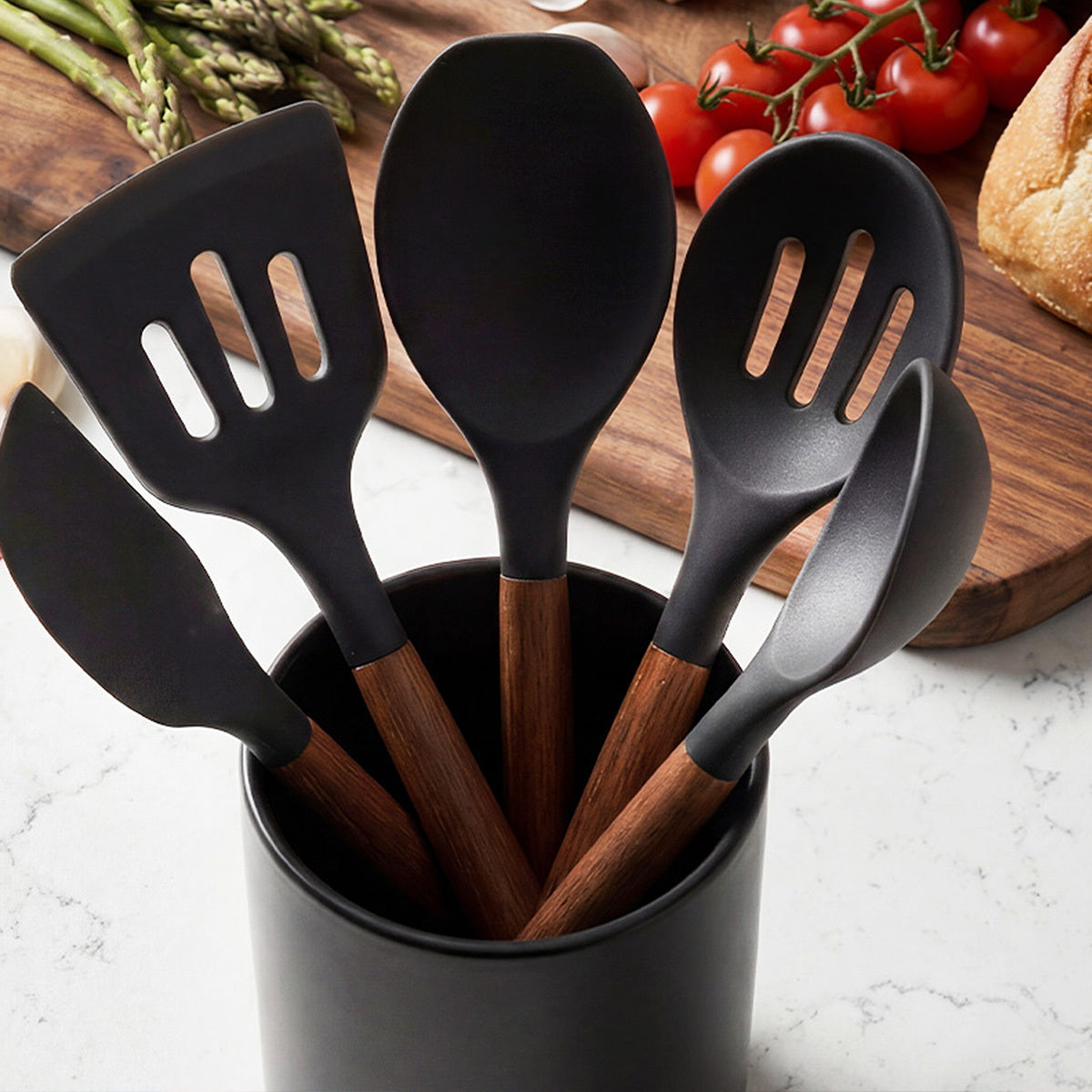Set utensilios silicona en bote soporte